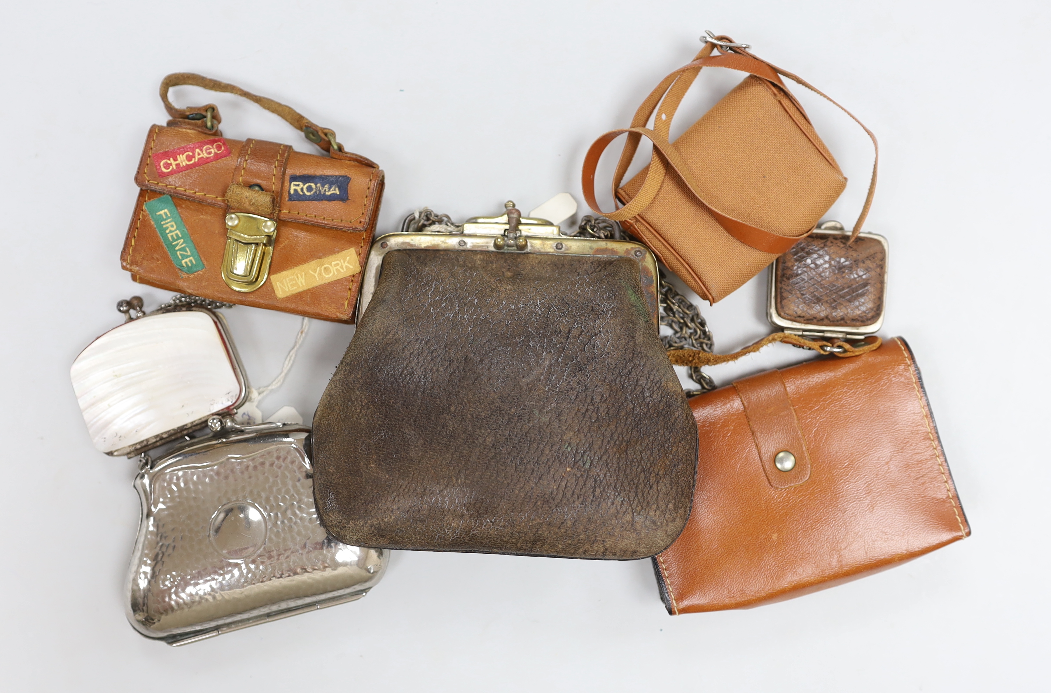 Three Victorian purses, one sovereign case and three modern leather satchels and cases